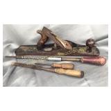 Wood pane, file, screwdrivers