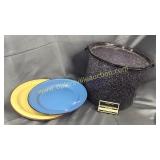Enamel ware stock pot with lid and 2 plates