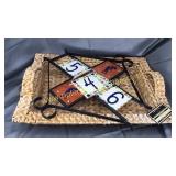 Woven serving tray with tile sign
