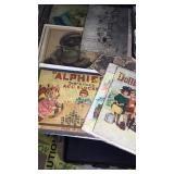 Group of vintage paper goods, dolls, game box,
