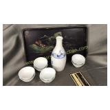 Crane saki set and painted tray