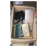 Box of vintage office supplies paper cutter file