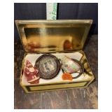 Celluloid Santa ornament, small dish, tin cup in