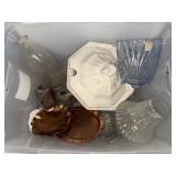 Tote of milk bottles, snuff jars, lamp globes,