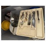 Tote of kitchen items and flatware