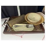 Tray with vintage kitchen bowls, grater, corn