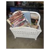 Wicker magazine rack and vintage magazines