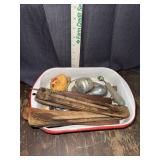Enamel pan with incense burners and misc