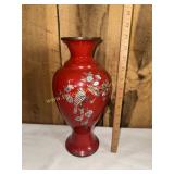 Vintage Japanese red laquer over brass vase with
