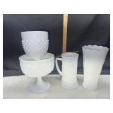 Milk glass stein, vase and candy stands