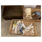 2 boxes of figurines and decor and wooden