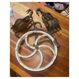 Group of metal pulleys single double and triple