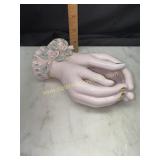 Vintage pink porcelain cupped hands trinket dish