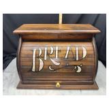 Vintage wood roll top bread box with BREAD