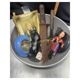 Vintage items in metal bowl- knives,