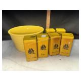 Vintage silhouette style yellow spice tins and