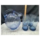 Cambridge caprice pitcher with 4 blue glasses