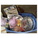 Tote with glassware, toys, misc