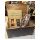 Wooden cash box with antique documents and other