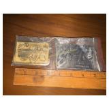 Two super 70 case IH dealer promo buckles bronze