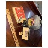 Coin bank cards and liquor bottle