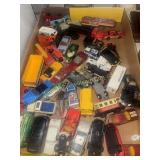 Box of vintage miniature toy cars, tanks, trucks,