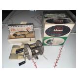 Vintage baitcast fishing reel, vintage lure and