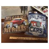 2 modern metal garage signs