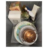 Tote with Avon bottles, dishes, copper