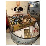 Tin and cigar box of buttons and threads