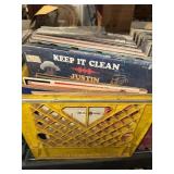 Yellow crate of vinyl records banjos, bluegrass