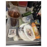 Group of dishes, vase, bottles, baster in tote