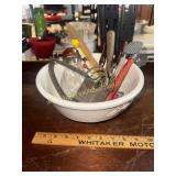 Vintage kitchen utensils in mixing bowl