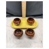 Hull Pottery Oven Proof Brown Bean Pot Set with Yellow Tray
