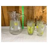 Glass Pitcher and Four Tumblers Set with Frosted Apple Motif