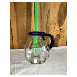 Blown Glass Pitcher Clear Body Cobalt Blue Rim and Handle Ribbed
