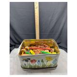 Wooden Tinker Toy Building Set in Decorated Tin