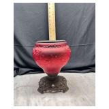 Red Satin Glass Rose Pattern Oil Lamp Basewith Metal Base