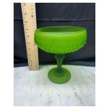 Green Satin Glass Compote Pedestal Bowl