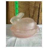 Pink Satin Glass Bunny on Nest Covered Dish