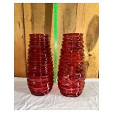 Cranberry Ribbed Mikasa Vases Pair