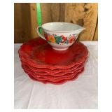 Pioneer Women Ceramic Dinnerware Set with Red Plates and Floral measuring cup