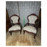 Pair of Carved Wood parlor chairs with Floral Upholstery