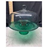 Green Glass Cake Stand With Domed Lid