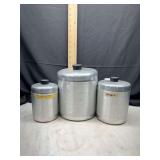 Set of 3 vintage Aluminum kitchen Canisters with Black Knobs