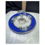 Glass Serving Tray with Handle Blue Gold Floral