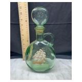 Green Glass Decanter with Ship Decal and Stopper
