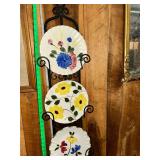 Wrought Iron Wall Rack With Three blue ridge platesPlates