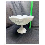 White Milk Glass Footed Compote with Grape pattern