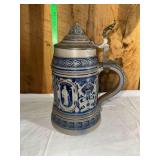 German Stoneware Beer Stein Aesculap Motif Metal Lid